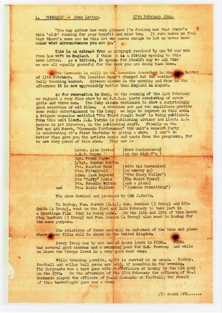 No1 Commando News Letter 27 Feb 1944-page 1-owner Teresa Fitzgerald.