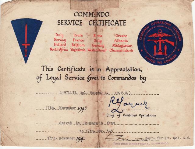 Hugh Maines-Commando Service certificate.