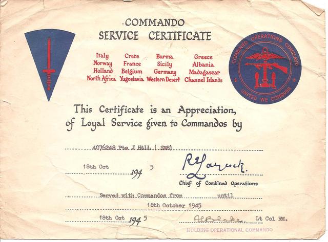 Commando Service Certificate for Thomas Hall