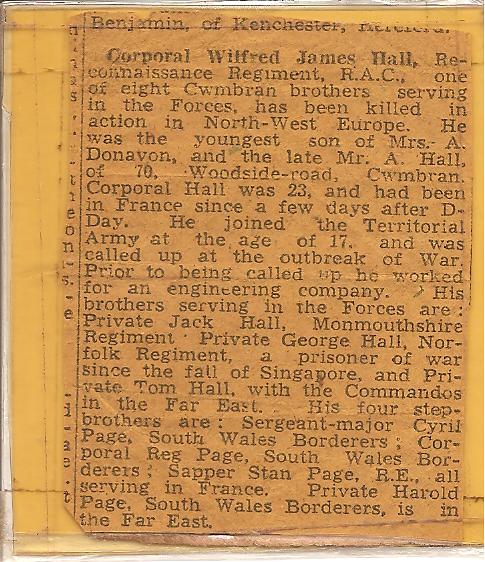 Newspaper report on the death of Wifred Hall, brother of Tom Hall