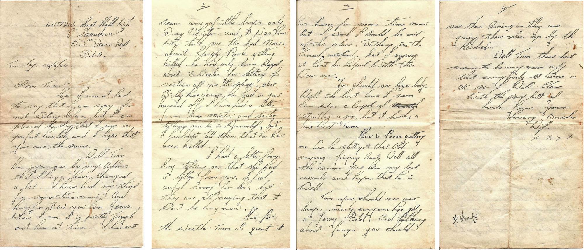 A letter from Wilfred Hall to his brother Thomas who was in No.1 Cdo