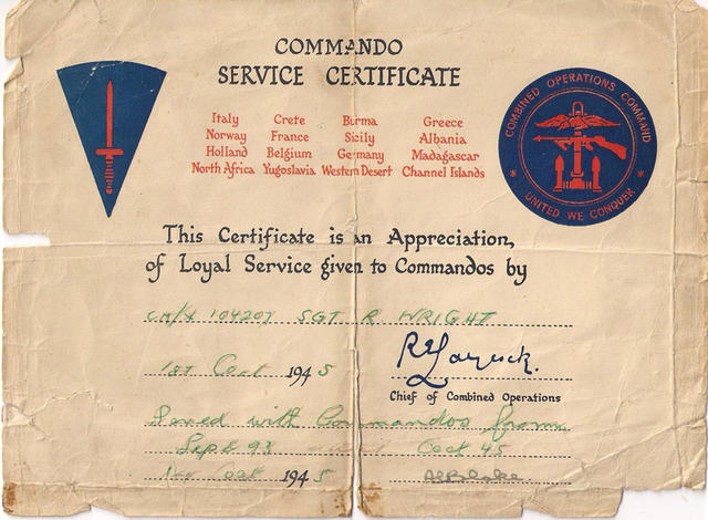 Commando Service Certificate for Sgt. Wright 46 RM Cdo