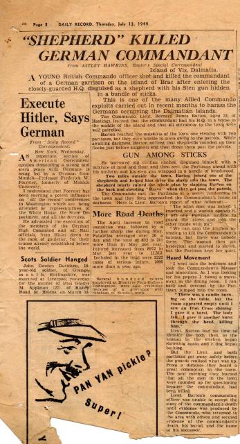 Daily record article on Lt. Barton DSO MC, No.2 Cdo., dated 13 July'44