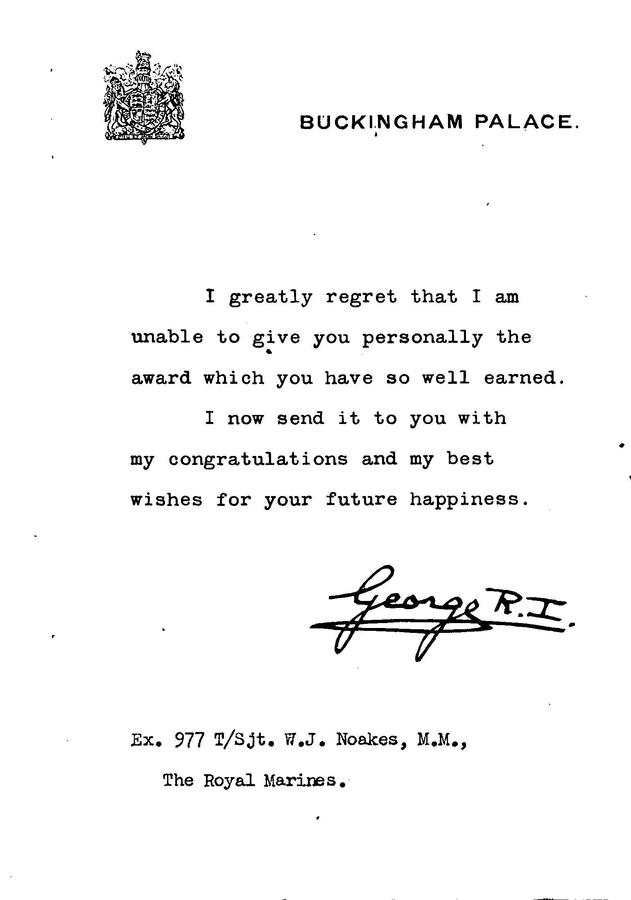 Letter from the King to Sgt.William Noakes, 45RM Cdo. re the award of his Military Medal