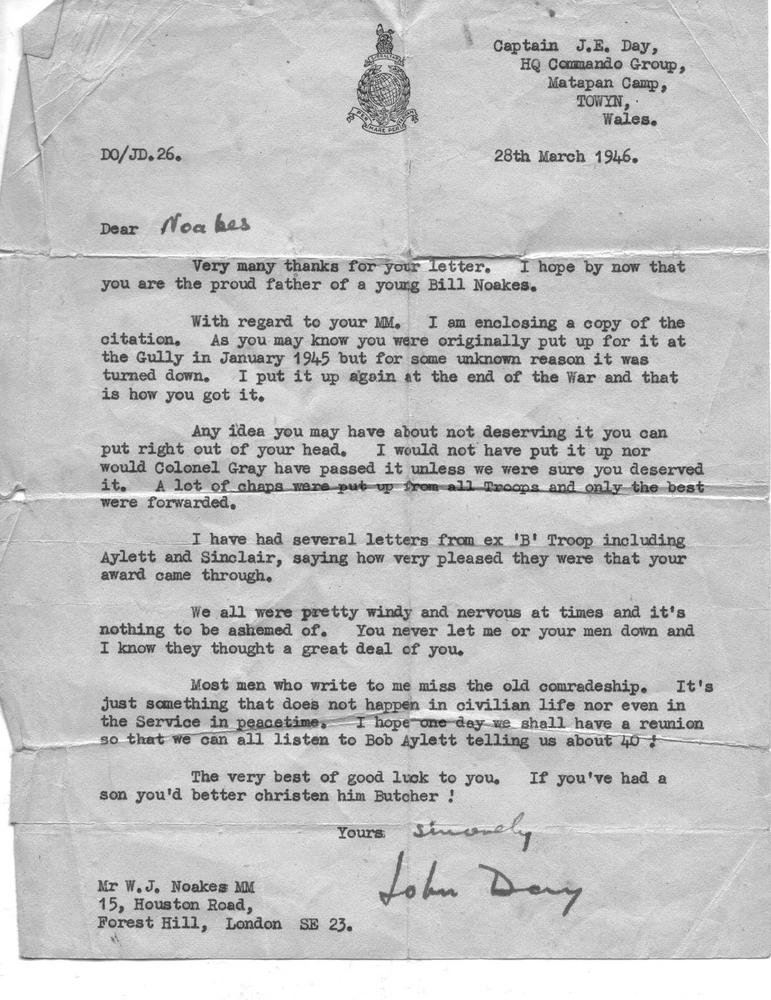 Letter to Sgt. Noakes MM 45RM Cdo.from Capt.John Day HQ Commando Group