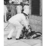 Sir Alexander Waddell KCMG, DSC, Governer of Sarawak, laying a wreath at Limbang.