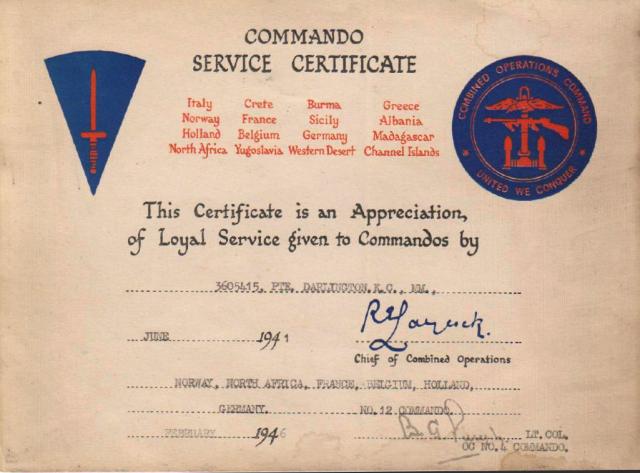 Commando Service Certificate for Pte. K.C. Darlington MM