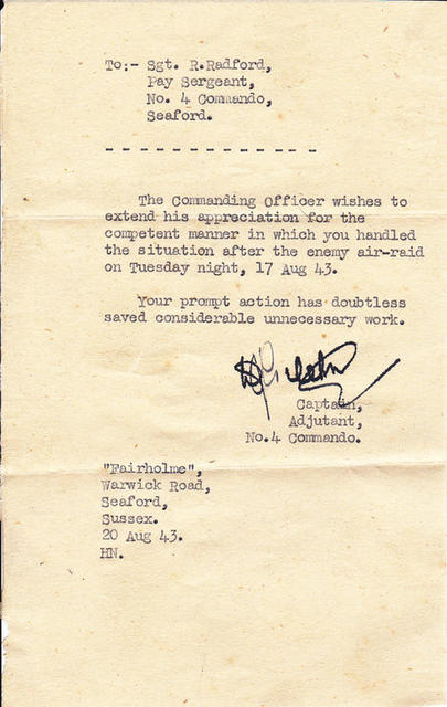 1943 Letter of appreciation for Sgt Radford No.4 Cdo. HQ.