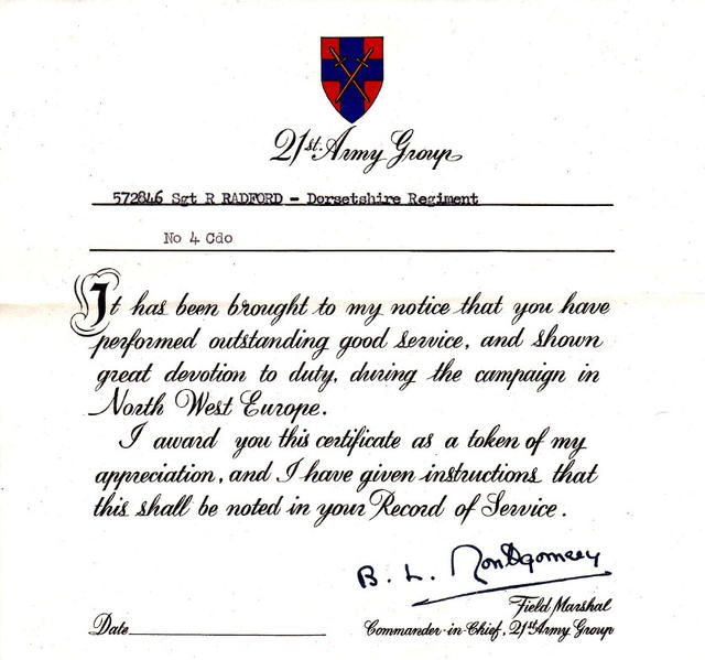 Field Marshall Montgomery certificate for Sgt Robert Radford