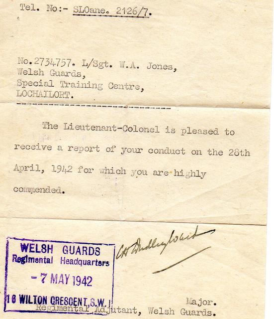 Letter of commendation for L/Sgt William Jones
