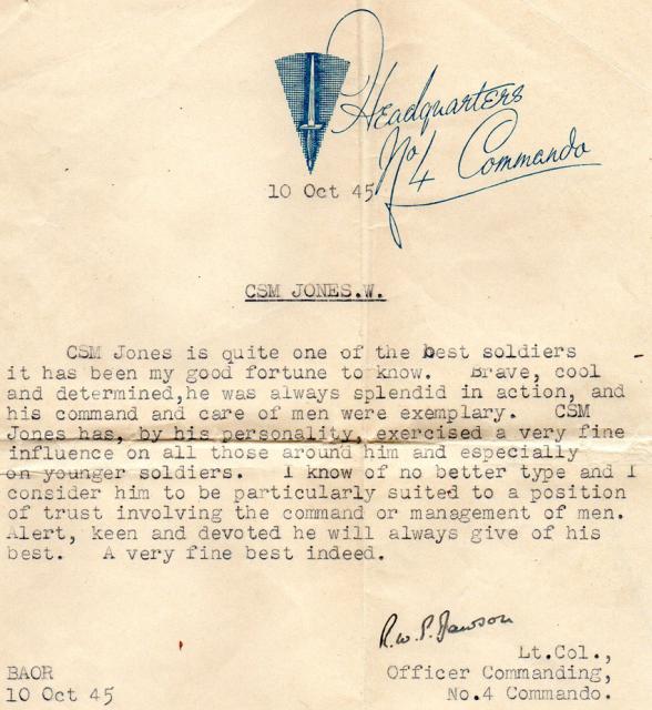 Testimonial for CSM Jones No.4 Cdo.from his Commanding Officer