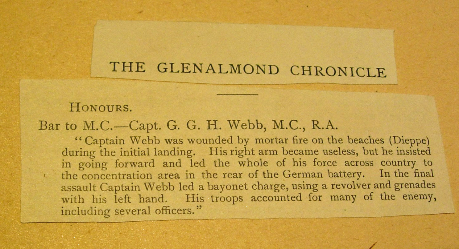 Glenalmond Chronicle entry with detail of the bar to the MC for Capt. Webb