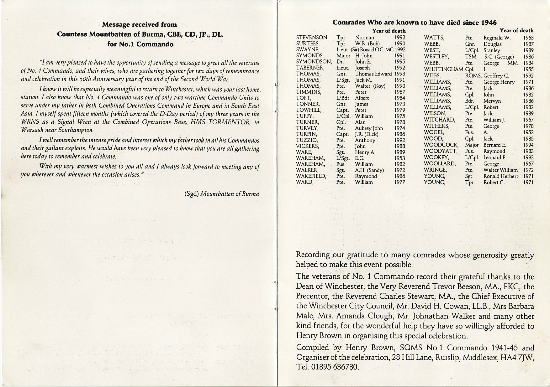 No.1 Commandos who have died 1946 -1995  ( surnames S - Y )