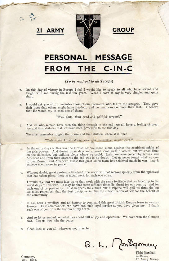 Personal message from the C in C on VE Day