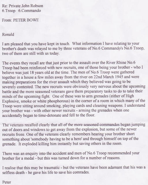 Letter re the death of Pte John' Jackie' Robson No.6 Cdo.