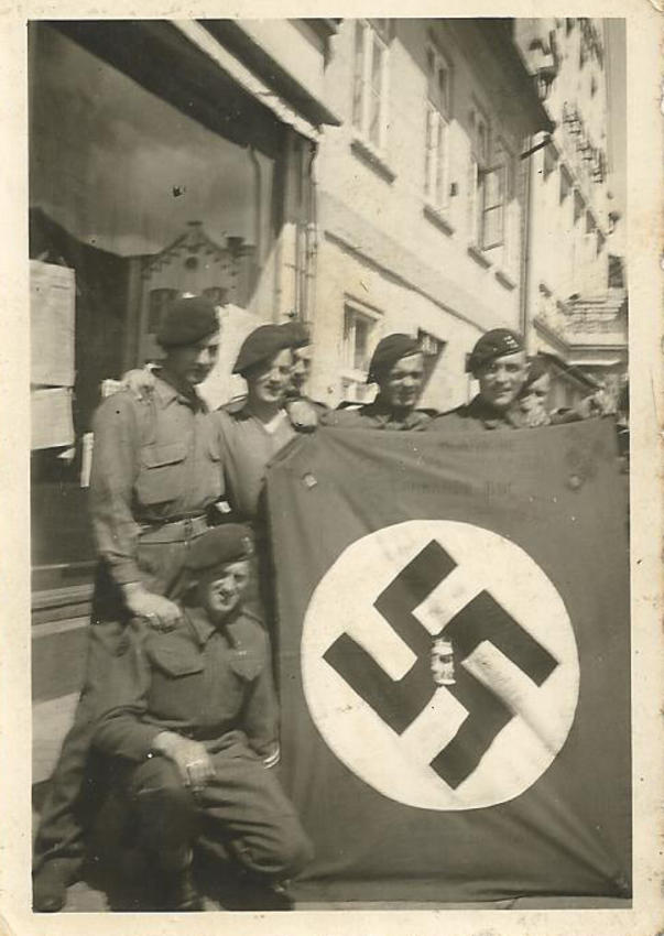 1 Bde Signallers McCrae, Duce, Jackson Duffy, outside billet, Neustadt 1945. (