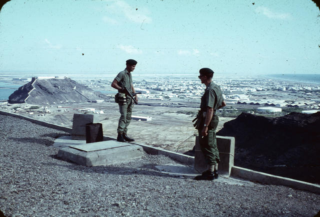 LBdr Brian Rusco and Maj. Nigel Frend RA overlooking Fort Clark Aden 1967