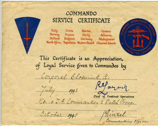 Commando Service Certificate for Albert Bloemink