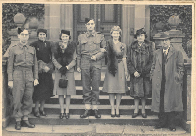 Sgt Denis Fuller wedding photo with his wife, family and best man Reg Fursse