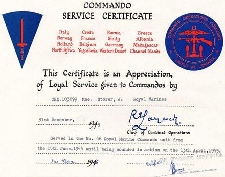Commando Service Certificate for Mne Storer 46RM Cdo.