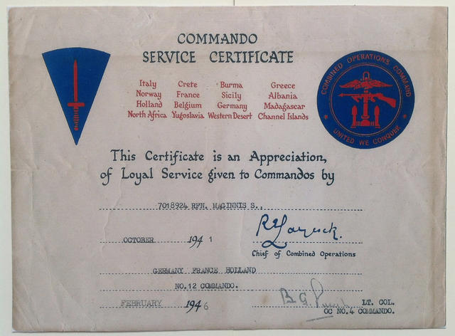 Commando Service Certificate for Rfn Maginnis Nos 12 & 6 Cdos.