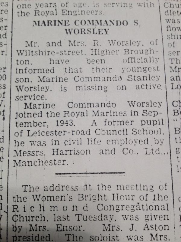 Newspaper cutting about Stan Worsley 45RM Cdo missing in action