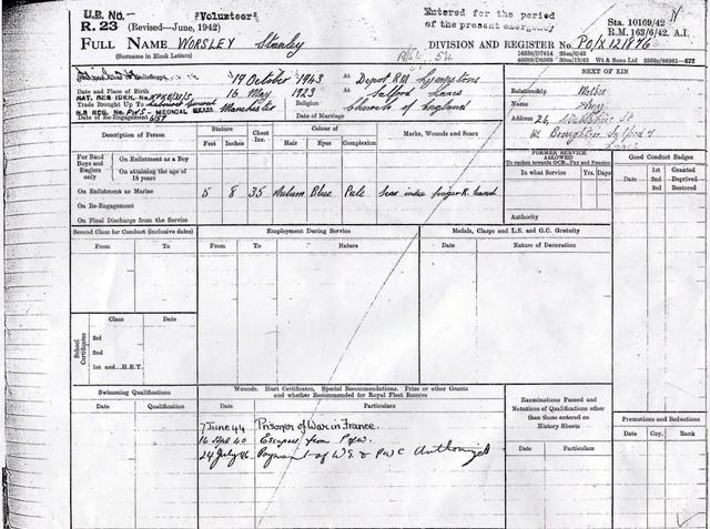 Service record entry for Mne. Stanley Worsley (1)