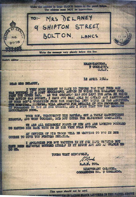 Letter re injury to William Delaney from Lt Col Tod.