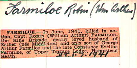 Obituary in the name of Robin (William Arthur) Farmiloe