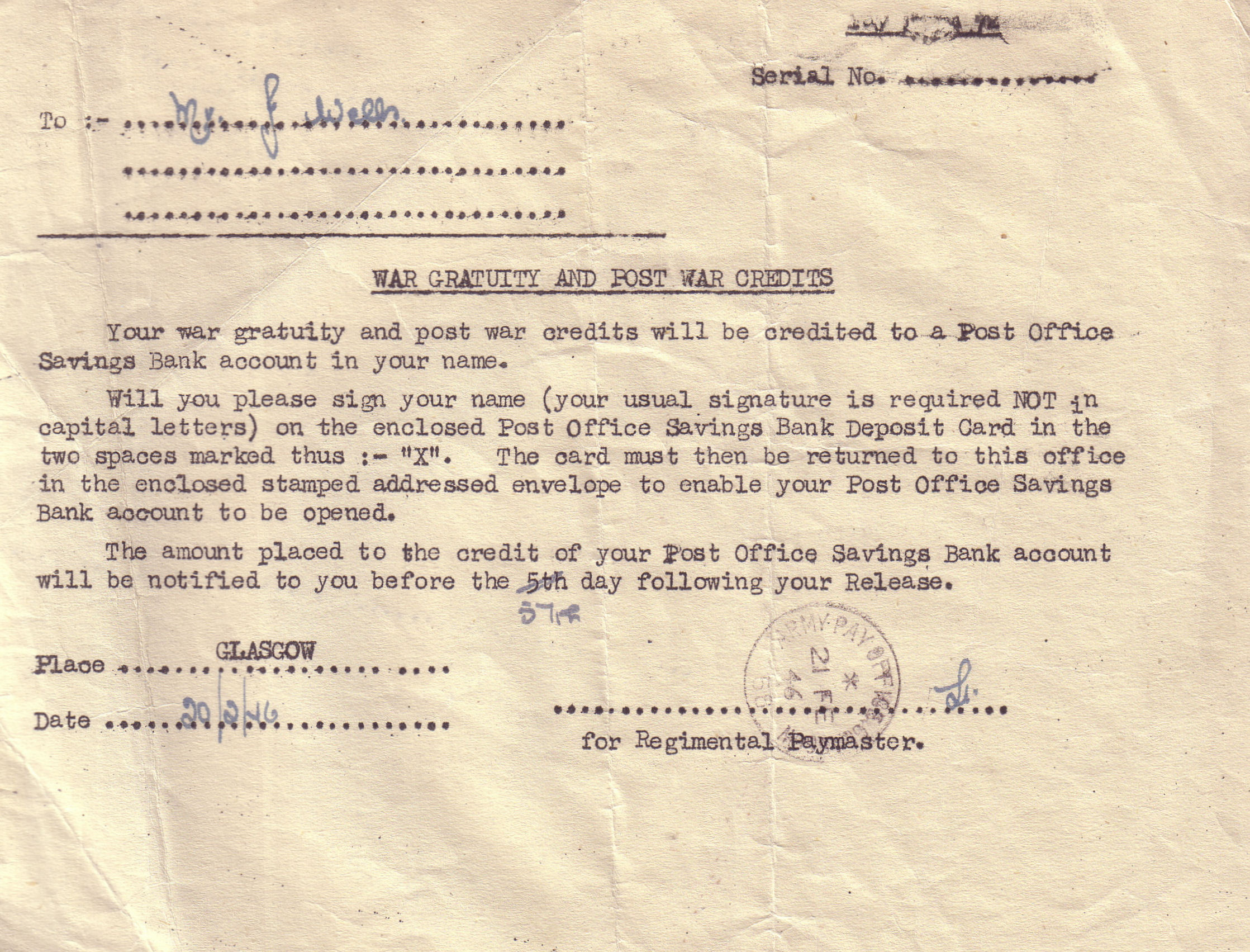 War Gratuity and Post War Credits Letter 20 Feb 1946