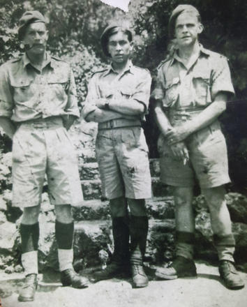 Unknown, Pte. George Alfred Hanstock (centre) and Sgt. Doug Webster (right)