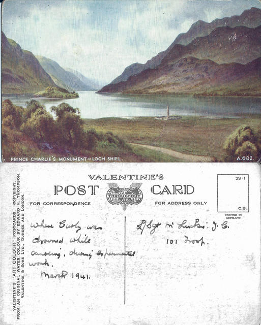 Annotated post card re death of Harry Tunstall