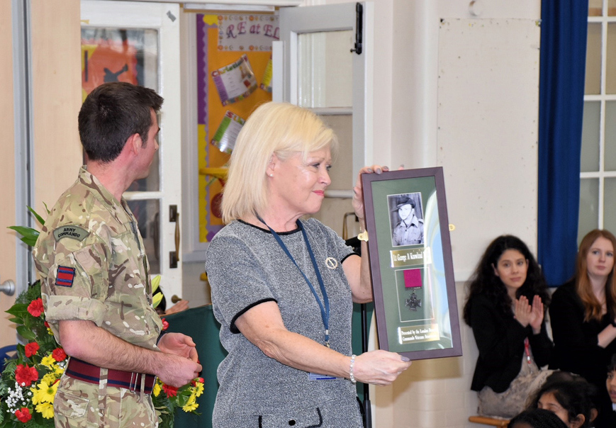 The framed photo and replica Lieut Knowland VC presented to Elmwood School by the London Branch 2018