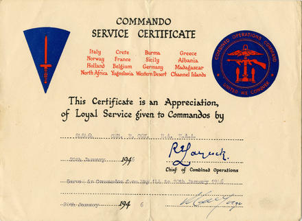 Reg Coy Commando Service Certificate