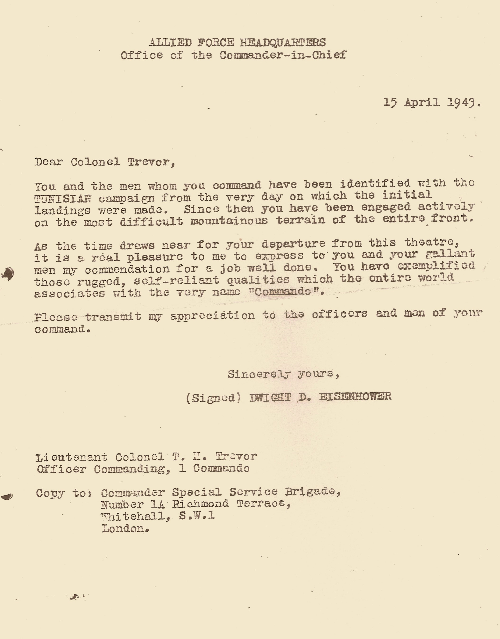 Letter to Lt Col. Tom Trevor, CO No.1 Cdo, from Dwight Eisenhower, 15 Apr '43