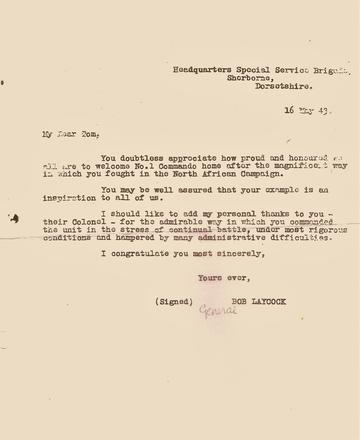 Letter to Lt Col Tom Trevor, CO No.1 Cdo, from Gen. Bob Laycock, 16 May '43