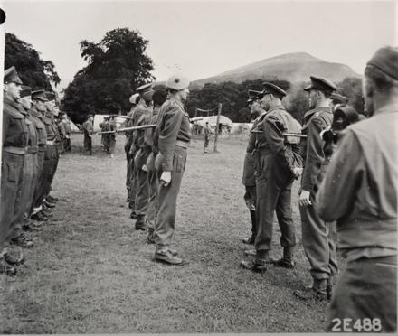 Brig. General Lucian King Truscott Jr. accompanied by  Lt Colonel Charles Vaughan and Capt. Joy, inspects the CBTC Instructors