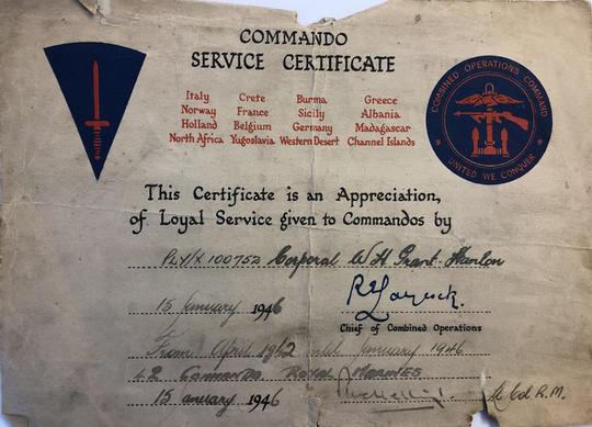 Commando Service Certificate for Cpl. William Henry Grant-Hanlon