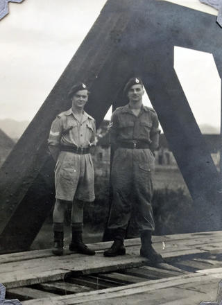 Cpl. John J. O'Sullivan and u/k, 45 Cdo, Cloo (or Choo) Wood Railway Stn Frontier post with China 1946