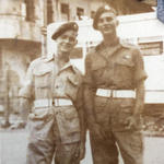 Cpl. J.J. O'Sullivan (left) and ?, 45 Commando, o/s the Fleet Club, Hong Kong Aug. 1946