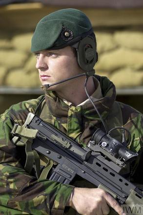 Cpl. P. Fleet 40 Commando, RM, on guard duty at Bagram Airfield, Afghanistan, February 2002.