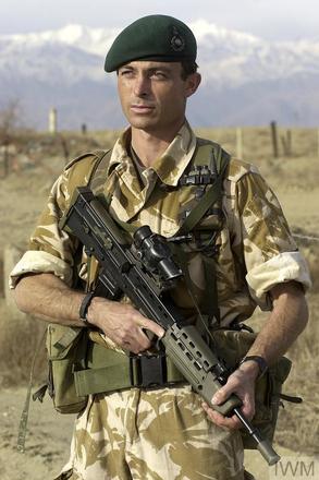Major J Holt, Commander of A Coy., 40 Commando RM on patrol at Bagram Airfield, Afghanistan, February 2002.