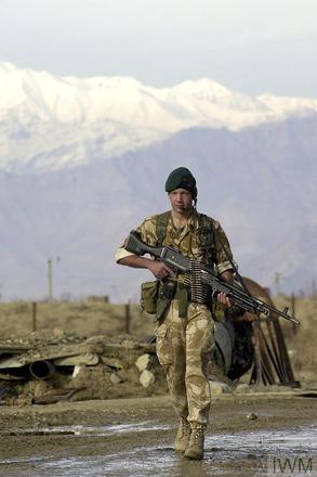 Mne. J Bridgeman of 40 Commando RM patrols at Bagram Airfield, Afghanistan, February 2002.