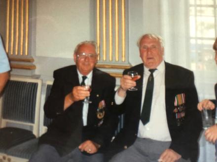 Harold Smedley (left) and another veteran at Normandy, 49th anniversary