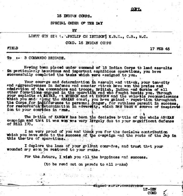 3 Commando Brigade Commendation 17th Feb. 1945
