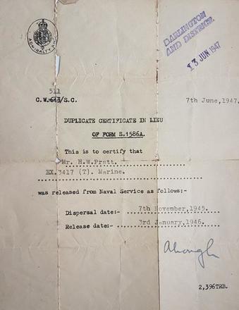 Release Certificate for Mne H.W. Pratt 45RM Commando