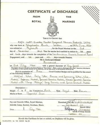 QMS Norman Frederick Lyon RM Discharge Certifcate