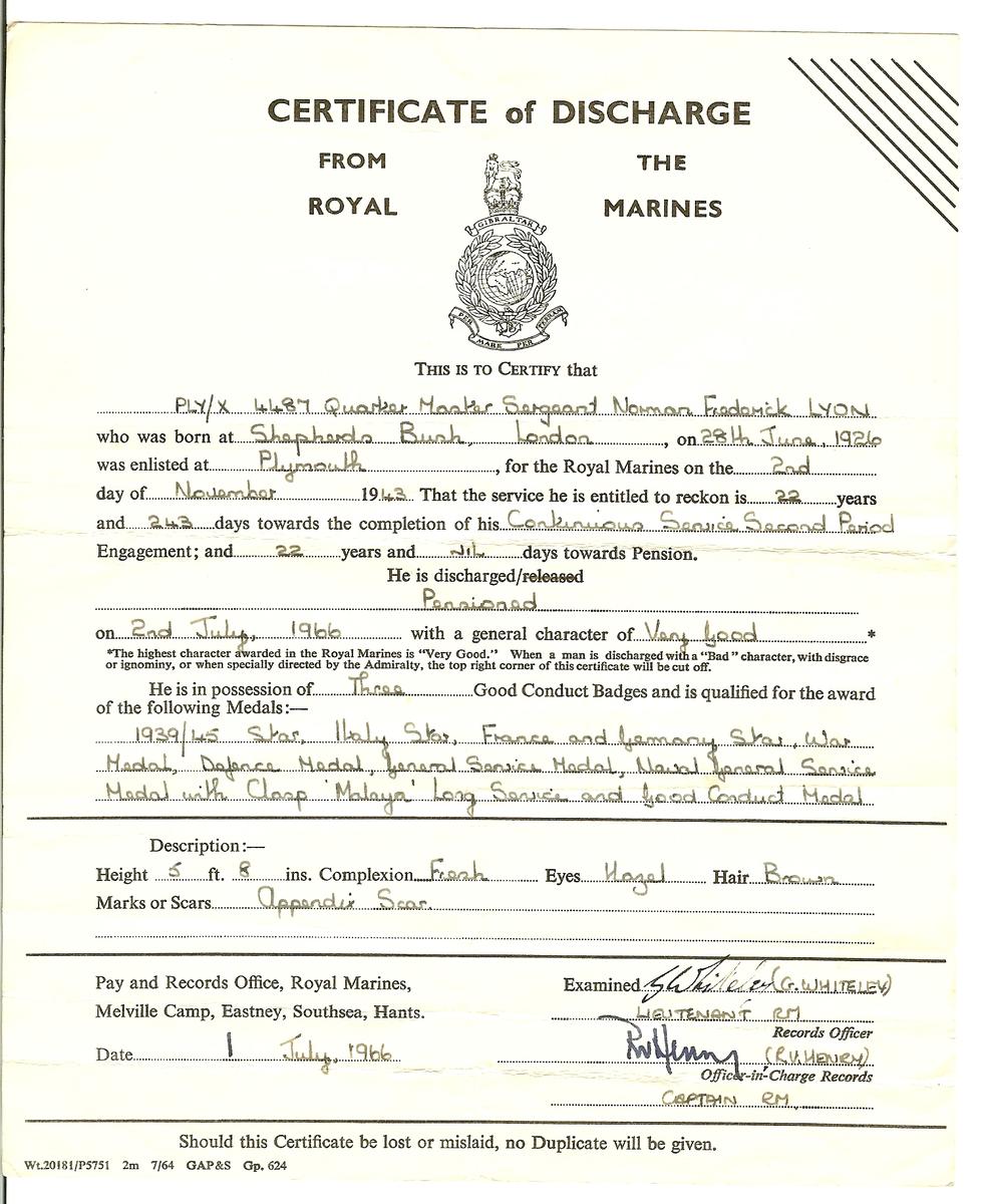 QMS Norman Frederick Lyon RM Discharge Certifcate