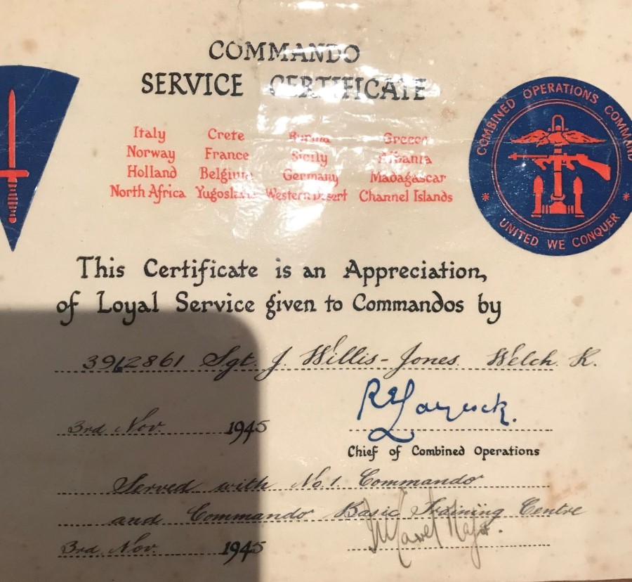 Commando Service Certificate for Sgt John Willis-Jones