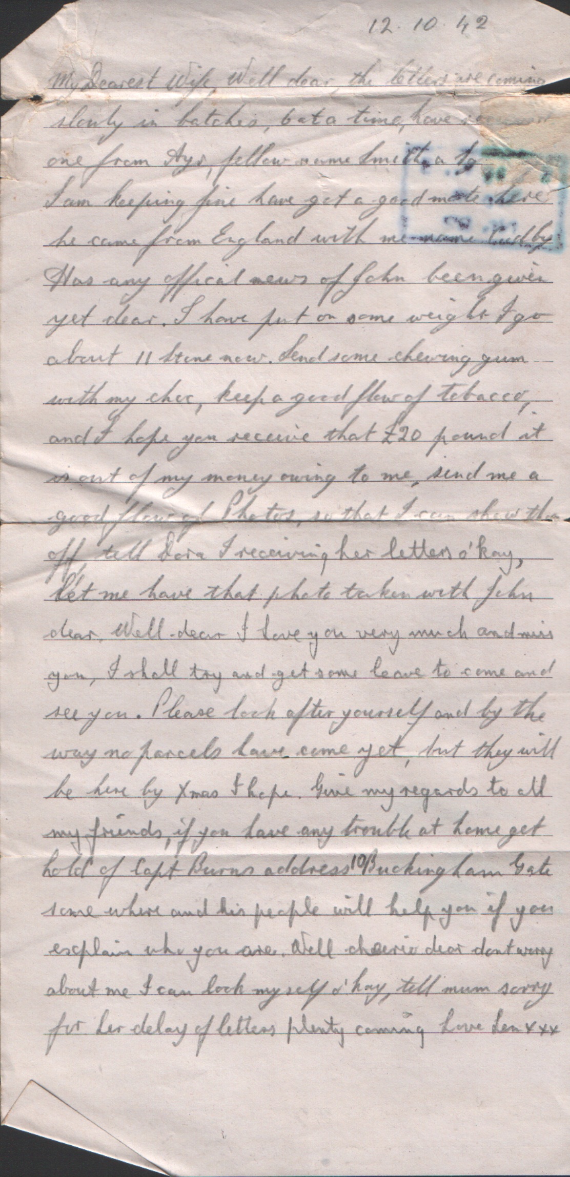 A letter home to his wife from Len Bayliss whilst a prisoner